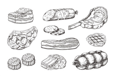 Meat steak. Vintage food sketch with butchery products, pork ham bacon