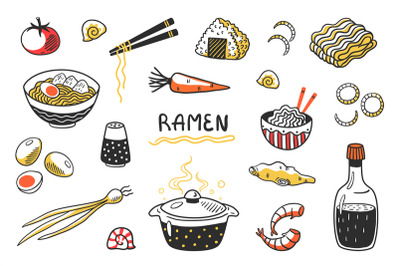 Doodle Ramen. Chinese hand drawn noodle soup with food sticks bowls an