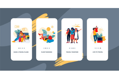 Travel onboard screen. Mobile app UI mockup with happy tourists&2C; trend