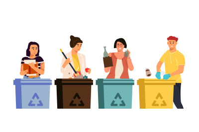 Recycling characters. Cartoon men and women putting trash in different