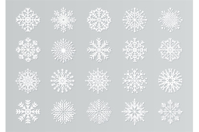 Paper cut snowflakes. White 3D Christmas design templates for decorati