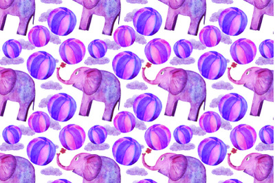 watercolor elephant, clouds and balls seamless pattern