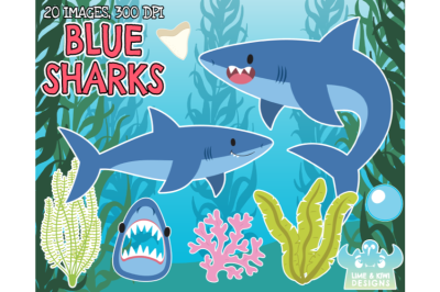 Blue Sharks Clipart, Instant Download Vector Art