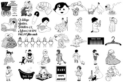 Vintage Babies, Toddlers &amp; Moms Vector AI EPS PNG