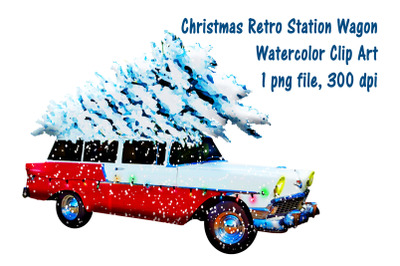 Christmas Watercolor Retro Station Wagon Clip Art