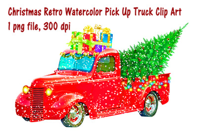 Christmas Retro Watercolor Pick Up Truck Clip Art