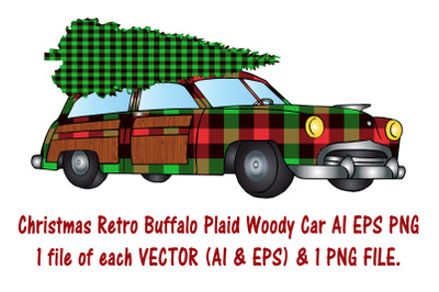 Christmas Retro Buffalo Plaid Woody Car AI EPS PNG