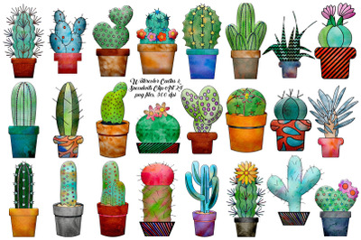 Watercolor Textured Cactus and Succulents Clip Art