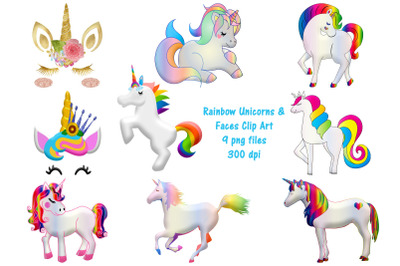 Rainbow Unicorn and Faces Clip Art