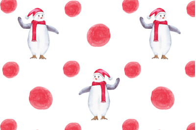 watercolor cute penguin in santa hat seamless pattern