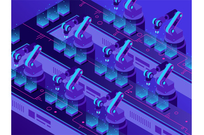 Isometric futuristic production line. Industrial warehouse automation,