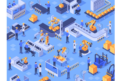 Isometric smart industrial factory. Automated production line, automat