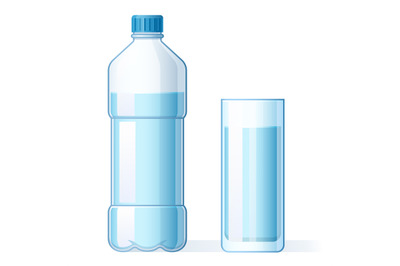 Glass of water and plastic bottle. Hydration, bottles for pure liquid