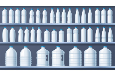 Plastic bottles on shelves. Bottled distilled water shelf, liquid drin