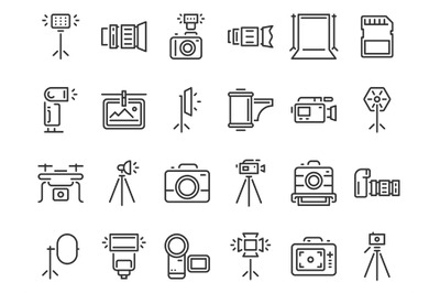 Outline photo icons. Photography studio light, film cameras and camera