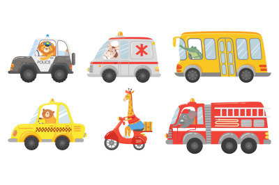 Cartoon animal driver. Animals in emergency ambulance&2C; firetruck and p