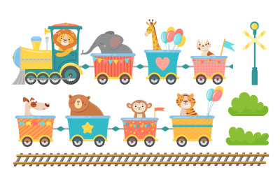 Cute animals on train. Happy animal in railroad car&2C; little pets ride