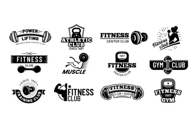 Gym badges. Bodybuilding stencil label&2C; fitness monochrome silhouette