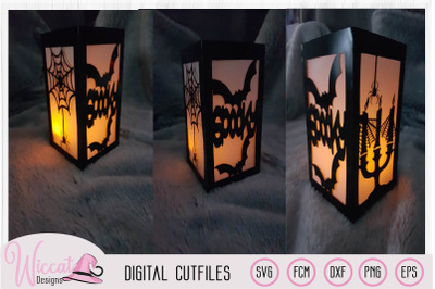 Spooky lantern, candles with bats and spiders,