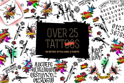25 Tattoos and 2 Fonts. Vector!