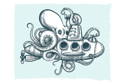 Giant octopus plays with a submarine. Vector illustration.