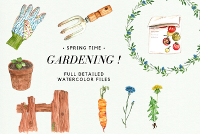 Watercolor Gardening Clipart Set, Spring Wreath, Gardening Tools