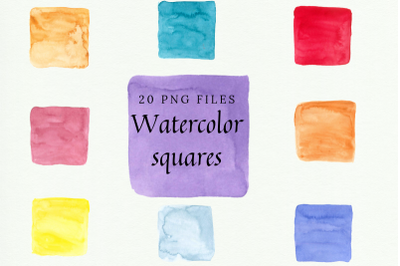 20 Hand-painted Watercolor Squares, Watercolor Colorful Squares