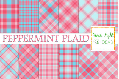Peppermint Plaid Digital Papers, Christmas Backgrounds