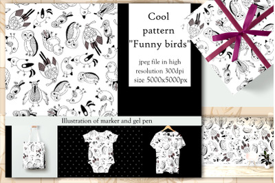 Funny seamless kids bird pattern. Black and white graphics