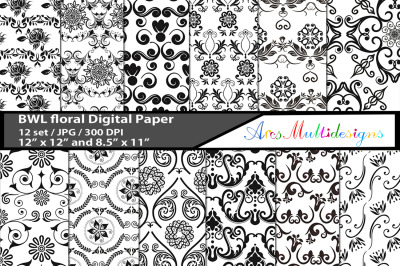 floral digital papers / black and white flower papers