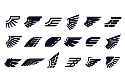 Silhouette wing icons. Bird wings&2C; fast eagle emblem and decorative or