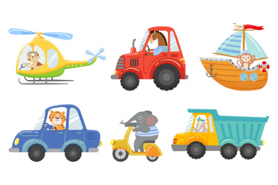 Cute animal drivers. Animal driving car, tractor and truck. Toy helico