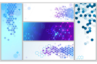 Molecular structure banners. Abstract hexagonal grid, chemistry struct