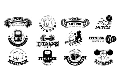 Retro fitness badges. Gym emblem&2C; sport label and black stencil bodybu