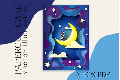 Paper cut imitation. Sweet cat on the moon for poster or other decor.