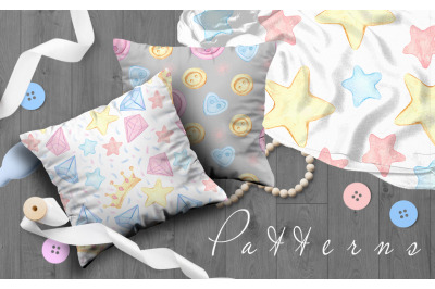 A large collection of seamless patterns. Pastel gentle stars unicorns