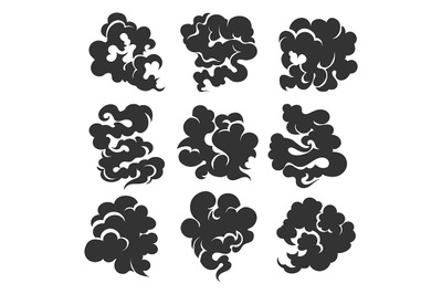 Cartoon Black Smoke Cloud Set. Vector Illustration.