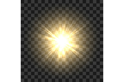 Realistic Sun Rays Glow. Abstract Sunshine Light Effects on transparen