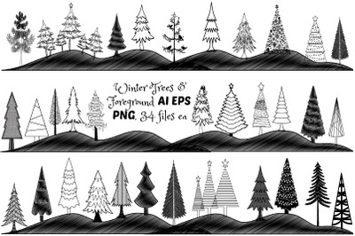 Christmas and Winter Trees and Foreground AI EPS PNG