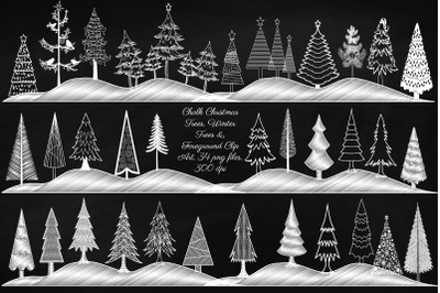 Chalk Christmas and Winter Trees Clip Art