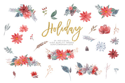 Watercolor Holly Clipart&2C; Winter Floral Clipart