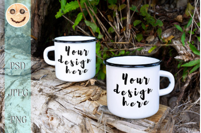 Two white campfire enamel mug mockup with tree stump