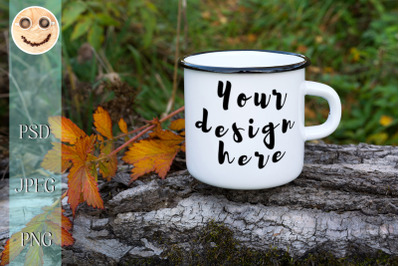 White campfire mug mockup with orange leaf