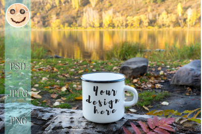 White enamel mug mockup with red leaf