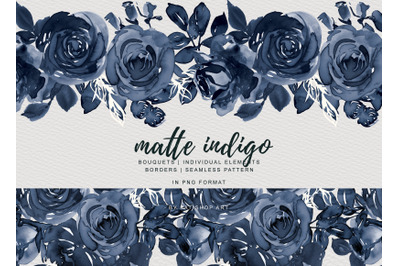 Matte Indigo Watercolor Rose Clipart Collection