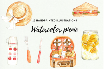 12 Watercolor Picnic Illustrations, Picnic Party, Picnic Basket