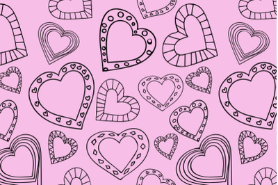 Doodle hearts seamless pattern on pink background