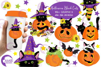 Cats in Pumpkins clipart, Halloween Clipart, Pumpkin Clipart, AMB-2648