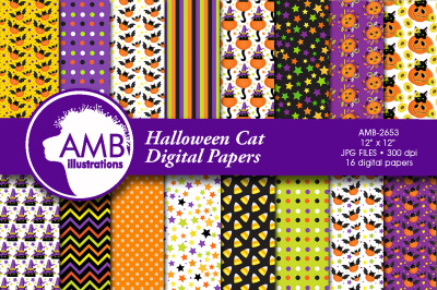 Halloween Cat Digital Papers, Kittens, Cute cat, bat, pumpkin AMB-2653