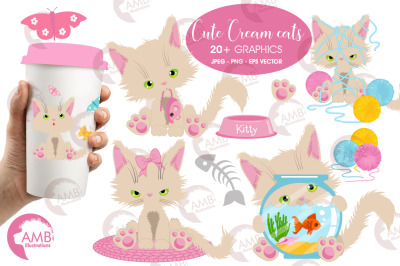 Cute Cream cat clipart, Kitten, goldfish, yarn, cute kitten, AMB-2654